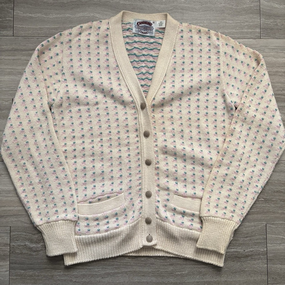 Vintage 90s Pastel Cardigan Sweater Cambridge Dry Goods Knit Medium Made in USA